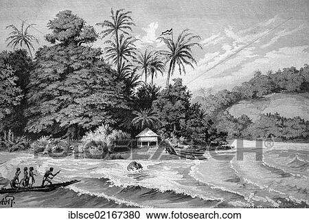 Stock Image - Port and beach in New Guinea, historical engraving, 1880. Fotosearch