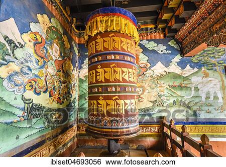 Stock Photograph - Prayer mill and mural painting in the monastery fortress, Trongsa Dzong, Trongsa, Himalayan region, Bhutan, Asia. Fotosearch