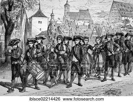 Stock Photograph - Procession of the Haller Sieder, salt boilers in Schwaebisch Hall, Germany, historical wood engraving, circa 1888, Europe. Fotosearch