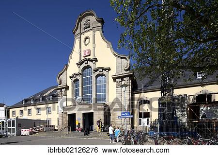 Stock Photograph - Railway station building, Marburg, Hesse, Germany, Europe, PublicGround, Europe. Fotosearch