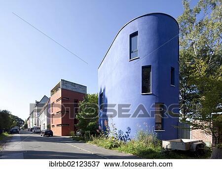 Stock Photo - Red and Blue House, Tremonia Houses of Architects, Dortmund, Ruhr Area, North Rhine-Westphalia, Germany, Europe, PublicGround, Europe. Fotosearch