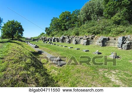 Stock Image - Remains of the 17 niches portico, Apollonia Archaeological Park, Pojani Village, Illyria, Albania, Europe. Fotosearch