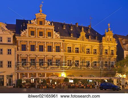 Stock Image - Restaurants, Haus zum Breiten Herd, guild house, Fischmarkt square, Erfurt, Thuringia, Germany, Europe. Fotosearch