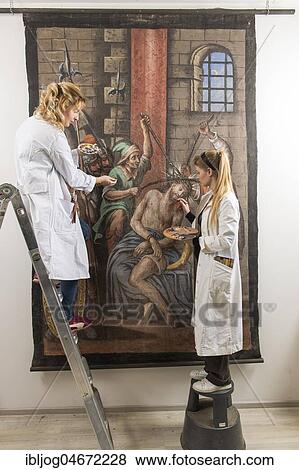 Restoration atelier, women, restorers stand on ladder and restore a lent scarf, Munich, Bavaria, Germany, Europe View Large Photo Image Stock Photo - Restoration atelier, women, restorers stand on ladder and restore a lent scarf, Munich, Bavaria, Germany, Europe. Fotosearch