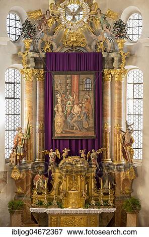 Restored Lent scarf hangs in church above altar, veiled pictorial representations during Lenting season, Flintsbach, Bavaria, Germany, Europe View Large Photo Image Stock Photo - Restored Lent scarf hangs in church above altar, veiled pictorial representations during Lenting season, Flintsbach, Bavaria, Germany, Europe. Fotosearch