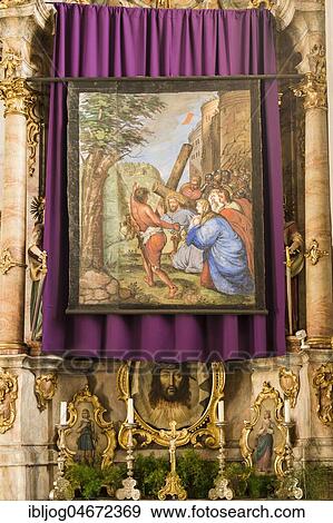 Restored Lent scarf hangs in church above altar, veiled pictorial representations during Lenting season, Flintsbach, Bavaria, Germany, Europe View Large Photo Image Stock Photo - Restored Lent scarf hangs in church above altar, veiled pictorial representations during Lenting season, Flintsbach, Bavaria, Germany, Europe. Fotosearch