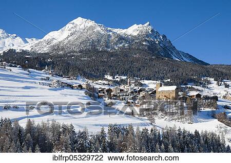 Stock Image - Riom, with Raetia Ampla castle, municipality of Surses, Switzerland, Raetia Ampla, Europe. Fotosearch