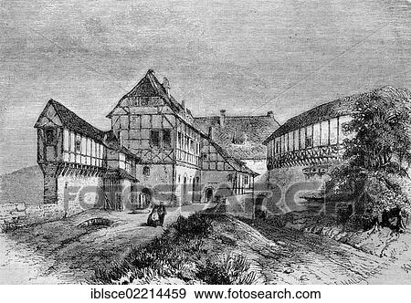 Stock Photo - Ritterhaus, Knight House, Luther's home in Wartburg Castle, Germany, historical wood engraving, circa 1888, Europe. Fotosearch