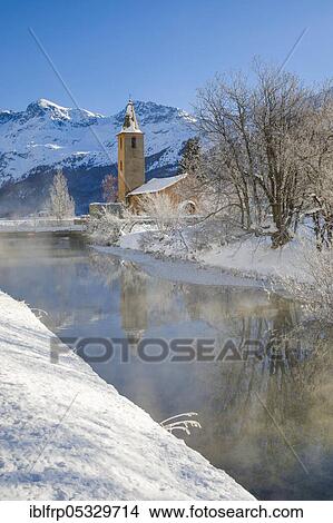 Picture - River Inn, St. Lawrence Church, Sils, Graubuenden, Switzerland, Europe. Fotosearch
