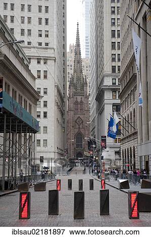 Road block, view through the blocked Wall Street towards Trinity Church, Financial District, Lower Manhattan, New York City, USA, North America View Large Photo Image Stock Photo - Road block, view through the blocked Wall Street towards Trinity Church, Financial District, Lower Manhattan, New York City, USA, North America. Fotosearch