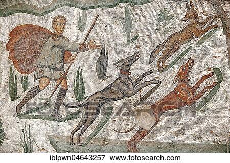 Roman mosaic of a Hunter with dogs chasing a fox, Villa Romana del Casale, UNESCO World Heritage Site, Sicily, Italy, Europe View Large Photo Image Stock Photo - Roman mosaic of a Hunter with dogs chasing a fox, Villa Romana del Casale, UNESCO World Heritage Site, Sicily, Italy, Europe. Fotosearch