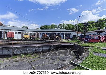 Stock Image - Roundhouse with turntable, Bavarian Railway Museum Nördlingen, Nördlingen, Bavaria, Germany, Europe. Fotosearch