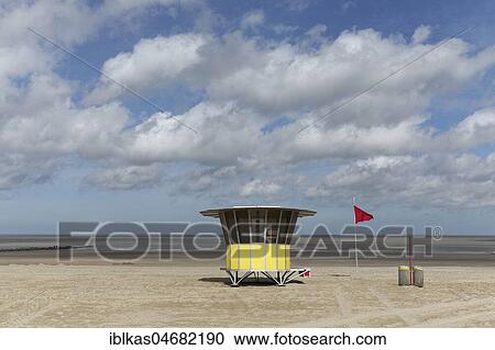 Stock Image - Sandy beach with modern beach guard hut, deserted, Blankenberge, Belgian coast, West-Flanders, Belgium, Europe. Fotosearch