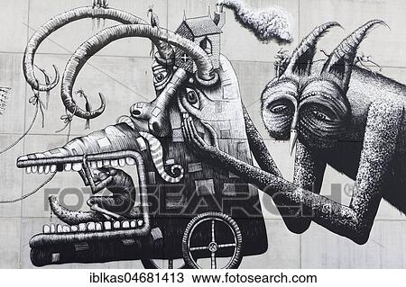 Stock Image - Scene with fantasy figures, Mural by British streetar artist Phlegm, The Crystal Ship Festival 2017, Ostend, West Flanders, Belgium, Europe. Fotosearch