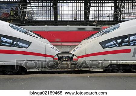 Stock Photo - Scharfenberg coupler, two coupled ICE 3 trains, Cologne main station, Cologne, North Rhine-Westphalia, Germany, Europe, PublicGround, Europe. Fotosearch