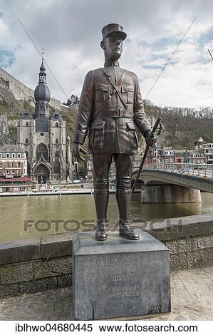Stock Photography - Sculpture Charles de Gaulle, 1890-1970, wounded on the bridge at Dinant on 15 August 1914, First World War, Dinant, Wallonia, Belgium, Europe. Fotosearch