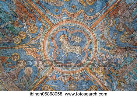Stock Photo - Secco painting, ceiling fresco, detail, sacrificial lamb, the heavenly Jerusalem from 1230 to 1250, crossing of the cathedral church St. Blasii, Brunswick, Lower Saxony, Germany, Europe. Fotosearch
