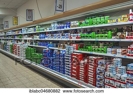 Stock Image - Shelf with dairy products in supermarkets, Munich, Upper Bavaria, Bavaria, Germany, Europe. Fotosearch