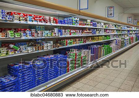 Shelf with dairy products in supermarkets, Munich, Upper Bavaria, Bavaria, Germany, Europe View Large Photo Image Stock Image - Shelf with dairy products in supermarkets, Munich, Upper Bavaria, Bavaria, Germany, Europe. Fotosearch