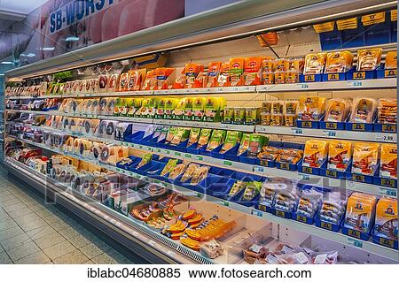 Stock Photography - Shelf with packed sausages in supermarket, Munich, Upper Bavaria, Bavaria, Germany, Europe. Fotosearch