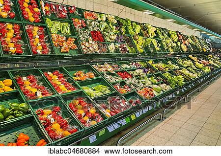 Picture - Shelf with packed vegetables in supermarket, Munich, Upper Bavaria, Bavaria, Germany, Europe. Fotosearch