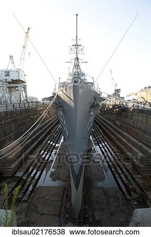 Stock Photo - Ship in the harbour, bow of a museum ship, navy warship, the destroyer USS Cassin Young DD-793 in dry dock, Boston National Historical Park, BNHP, Boston, Massachusetts, New England, USA, North America. Fotosearch