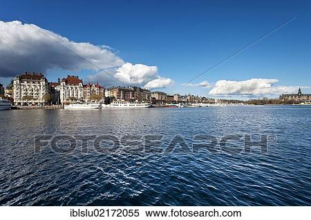 Stock Photography - Ships on Nybroviken, New Bridge Bay, in front of the prestigious Strandvaegen street, Oestermalm, Stockholm, Sweden, Scandinavia, Europe. Fotosearch