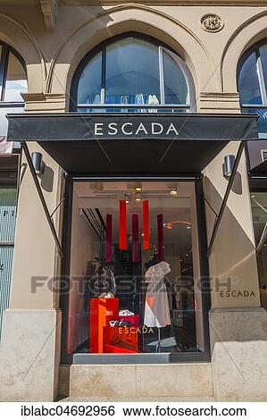 Stock Photograph - Shop window, fashion shop Escada, exclusive shopping street, Maximilianstraße, Old Town, Lehel, Munich, Upper Bavaria, Bavaria, Germany, Europe. Fotosearch