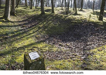 Picture - Site of the destroyed village Fleury-devant-Douaumont, grenade funnel, bakery memorial plaque, battlefield of Verdun, September 20, 1914, First World War, Verdun, Grand Est, France, Europe. Fotosearch