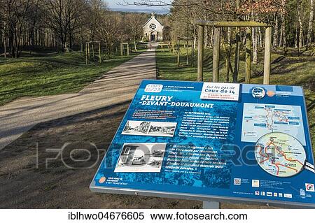 Stock Photography - Site of the destroyed village Fleury-devant-Douaumont, information board, at the back memorial chapel, battlefield of Verdun, First World War, Verdun, Grand Est, France, Europe. Fotosearch