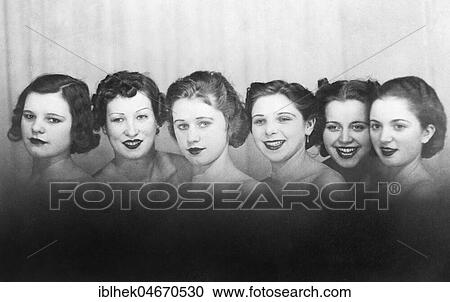 Stock Image - Six women posing and laughing in the camera, 1920s, Germany, Europe. Fotosearch