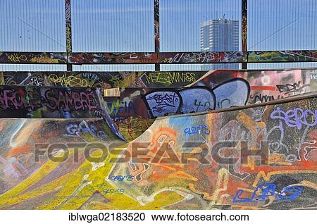 Stock Image - Skateboard track, skate bowl, Brussels, Belgium, Europe, PublicGround, Europe. Fotosearch