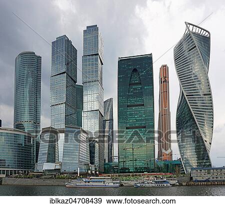 Stock Photo - Skyline of Moscow City, with (from left) Naberezhnaya Tower, Gorod Stoliz Towers (Moskva and Saint-Peterburg), Imperia Tower, Mercury City Tower, Evolution Tower, Moscow-City, Moscow, Russia, Europe. Fotosearch