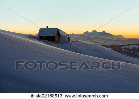 Stock Image - Small pasture near the high alp with views of Mount Rigi and Eastern Switzerland in winter, Appenzell, Swiss Alps, Switzerland, Europe, PublicGround, Europe. Fotosearch