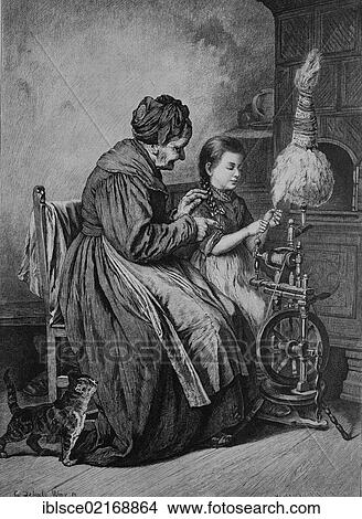 Spinning lessons, historical engraving, 1883 View Large Photo Image Picture - Spinning lessons, historical engraving, 1883. Fotosearch