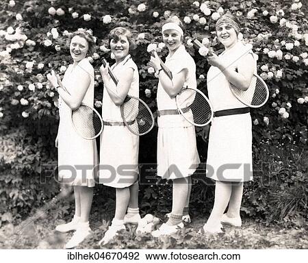 Sport, four women posing with tennis rackets, 1930s, Germany, Europe View Large Photo Image Stock Image - Sport, four women posing with tennis rackets, 1930s, Germany, Europe. Fotosearch