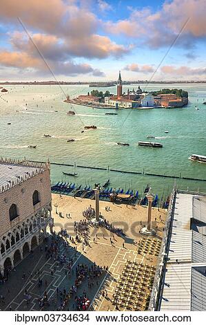 St Mark's Square and the Doges with the island of San Giorgio Maggiore, View from St Mark's Campanile, Venice, Italy, Europe View Large Photo Image Picture - St Mark's Square and the Doges with the island of San Giorgio Maggiore, View from St Mark's Campanile, Venice, Italy, Europe. Fotosearch