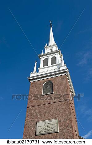 Stock Image - Steeple with a white tip, Old North Church, Christ Church in the City of Boston, memorial plaque of freedom fighter Paul Revere, Boston, Massachusetts, New England, USA, North America. Fotosearch