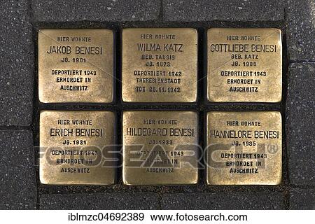 Stock Photo - Stolpersteine, copper memorial plates of murdered Jewish fellow citizens during the Nazi era, Erlangen, Middle Franconia, Bavaria, Germany, Europe. Fotosearch