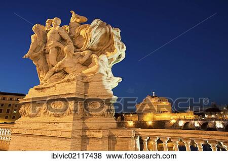 Stone figures on the Ponte Vittorio Emanuele II bridge, Castel Sant'Angelo in the back, dusk, Rome, Italy, Europe View Large Photo Image Stock Photo - Stone figures on the Ponte Vittorio Emanuele II bridge, Castel Sant'Angelo in the back, dusk, Rome, Italy, Europe. Fotosearch