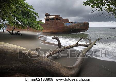 Stock Photo - Stranded cargo ship, near Limbe, Cameroon, Africa. Fotosearch