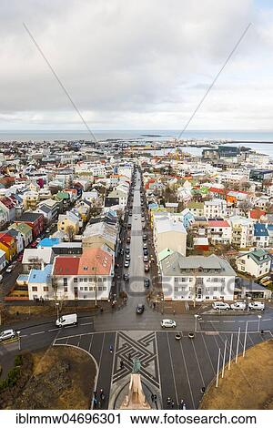 Stock Image - Streets and houses, view from church of Hallgrímur to Reykjavik and the peninsula Snaefellsnes, Höfudborgarsvaedid, Iceland, Europe. Fotosearch