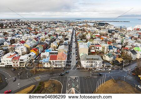 Stock Photo - Streets and houses, view from church of Hallgrímur to Reykjavik and the peninsula Snaefellsnes, Höfudborgarsvaedid, Iceland, Europe. Fotosearch