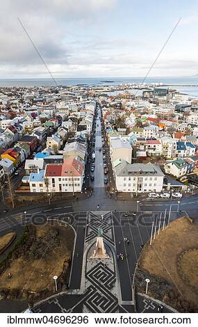 Stock Photograph - Streets and houses, view from church of Hallgrímur to Reykjavik and the peninsula Snaefellsnes, Höfudborgarsvaedid, Iceland, Europe. Fotosearch