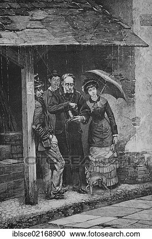 Stock Image - Summer holiday-makers undercover to get out of the rain, historical engraving, 1883. Fotosearch