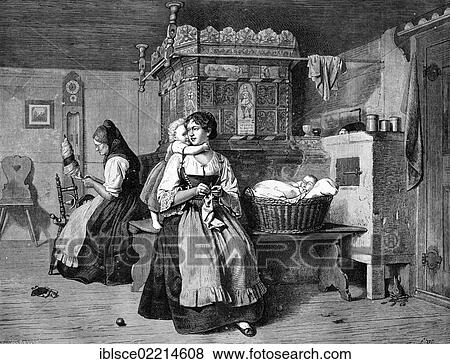 Stock Photo - Sunday afternoon in the parlour in Flanders, Belgium, historical woodcut, circa 1888, Europe. Fotosearch