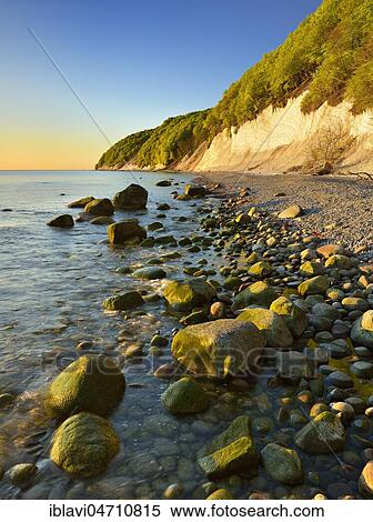 Stock Photography - Sunrise at the Baltic Sea, chalk rocks in the morning light, boulders and pebbles on the shore, Jasmund National Park, Rügen Island, Mecklenburg-Western Pomerania, Germany, Europe. Fotosearch