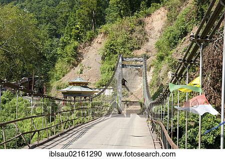Stock Image - Suspension bridge, border between West Bengal and Sikkim, view towards Sikkim, Himalayan foothills, India, South Asia, Asia. Fotosearch
