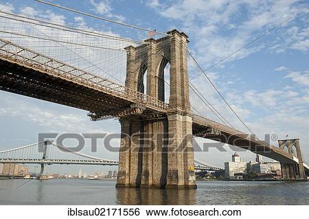 Suspension bridge over the East River, large bridge piers, Brooklyn Bridge, from Manhattan, New York City, New York, USA, North America, America, North America View Large Photo Image Stock Photograph - Suspension bridge over the East River, large bridge piers, Brooklyn Bridge, from Manhattan, New York City, New York, USA, North America, America, North America. Fotosearch