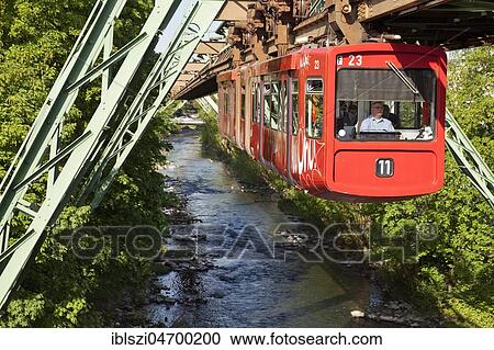 Stock Image - Suspension railway above the river Wupper, Wuppertal, Bergisches Land, North Rhine-Westphalia, Germany, Europe. Fotosearch